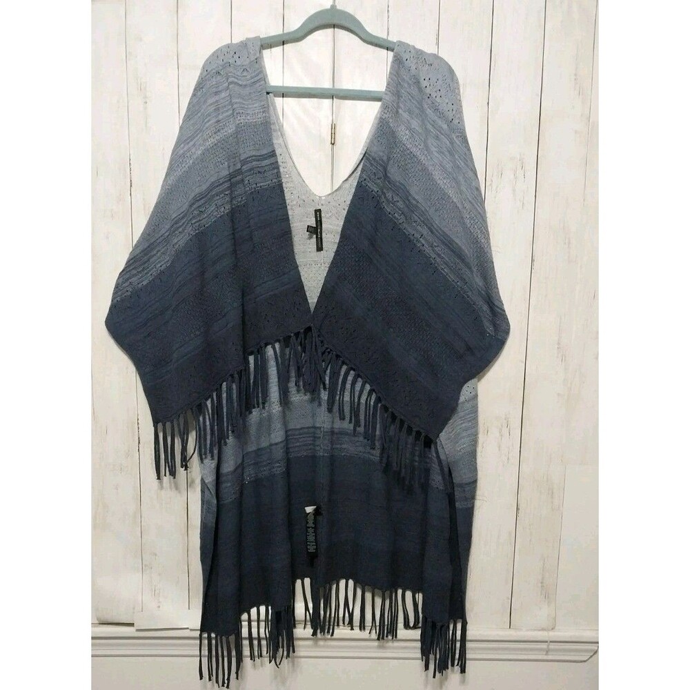 WHBM Blue White Ombre Tassel Fringe Shrug Sweater Oversized Cozy